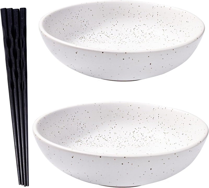 BOSILI 8 Inch White Ceramic Pasta Bowl Set of 2 with 2 Chopsticks for Noodle Soup Bowls Microwave  Dishwasher Safe - Image 1
