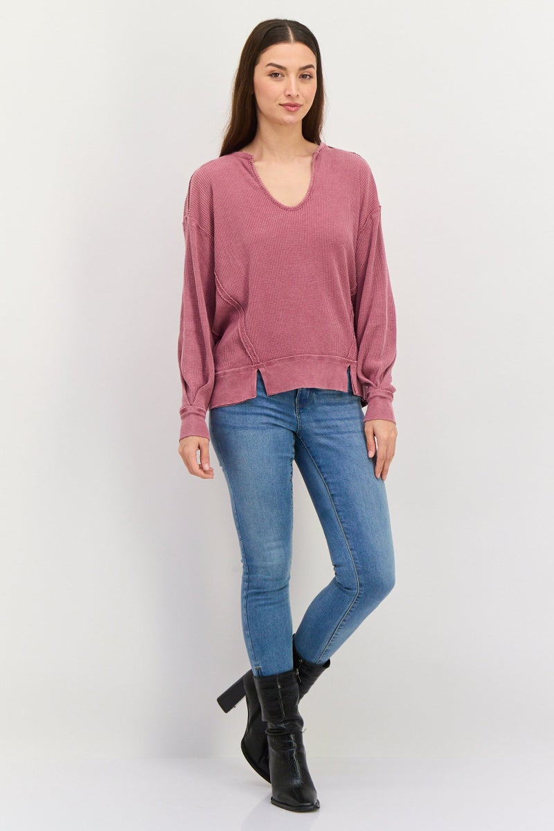 DEX Women Horseshoe Neck Long Sleeve Textured Top, Burgundy - Image 3