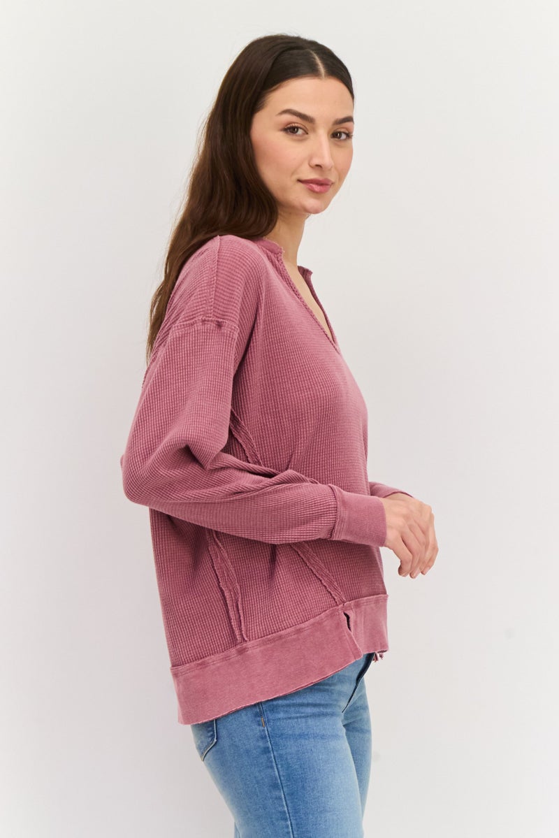 DEX Women Horseshoe Neck Long Sleeve Textured Top, Burgundy - Image 2