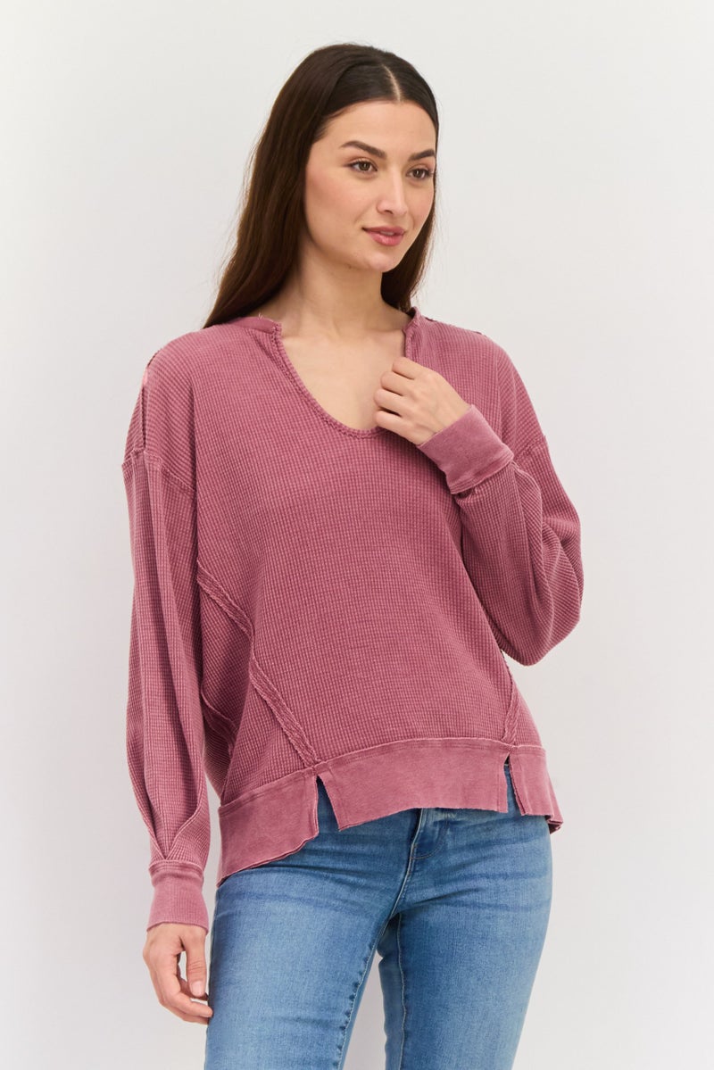 DEX Women Horseshoe Neck Long Sleeve Textured Top, Burgundy - Image 1