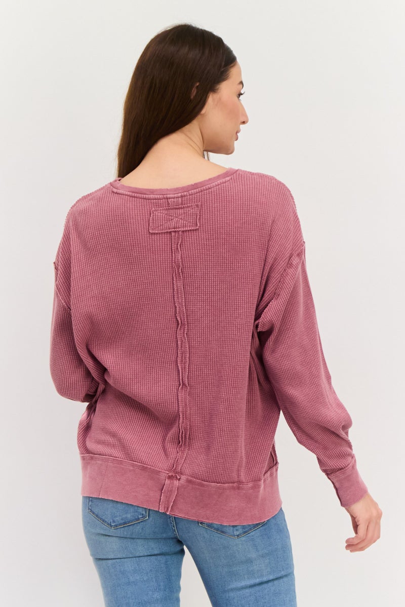 DEX Women Horseshoe Neck Long Sleeve Textured Top, Burgundy - Image 4