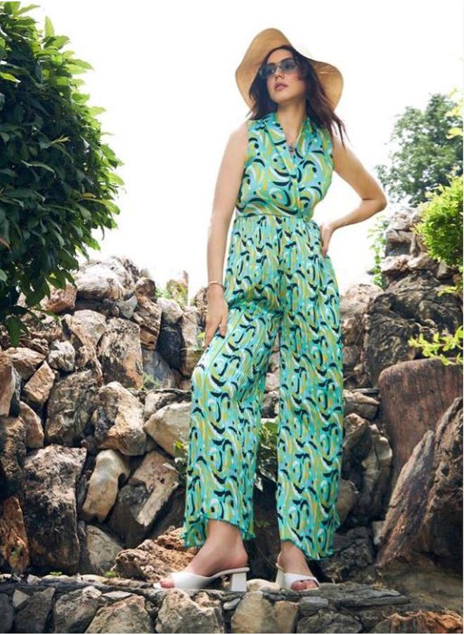 Styli - Abstract Print Pleated Jumpsuit by Styli - Image 1