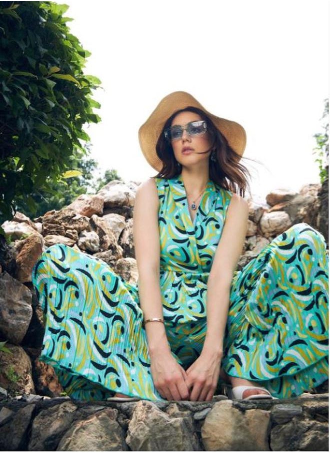 Styli - Abstract Print Pleated Jumpsuit by Styli - Image 1