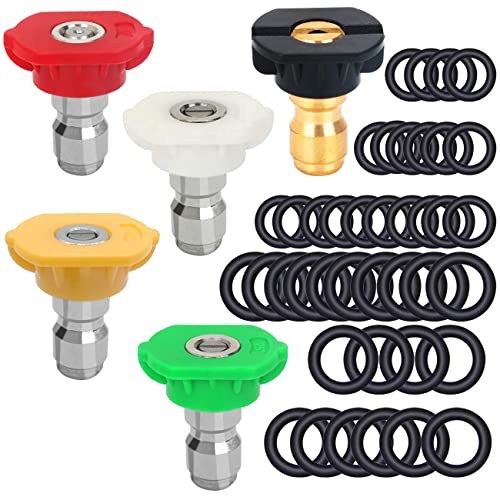 CKANDAY 5 Pack Pressure Washer Spray Nozzles Tips + 40 Pcs O-Rings Replacement for 1/4 inch and 3/8 inch, 5 Degrees Nozzles 1/4 Inch Quick Connection Tips with M22 Quick Connect Coupler Set, 4000 PSI - Image 1