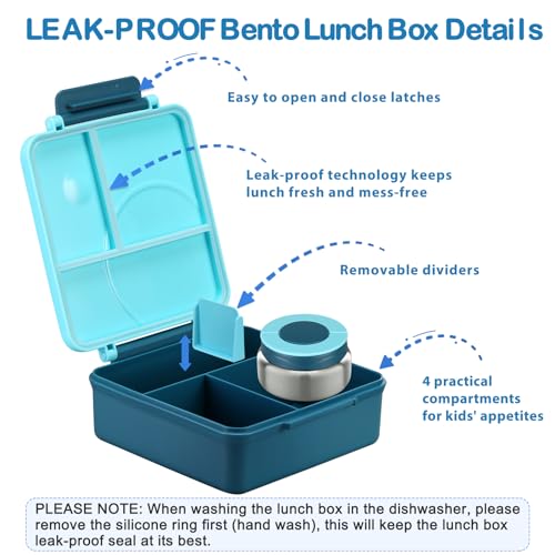 Howeemo Bento Lunch Box Set for Kids with 8oz Soup Thermo, Leak-Proof Lunch Containers with 4 Compartment, Kids Thermo Hot Food Jar and Insulated Lunch Bag for Kid to School-Blue - Image 5