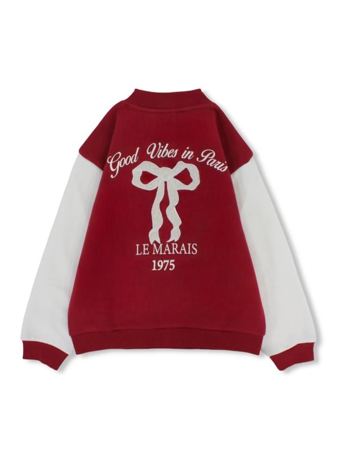 Pompelo Girls Cotton Jacket – Maroon with White Sleeves & Bow Print - Image 2