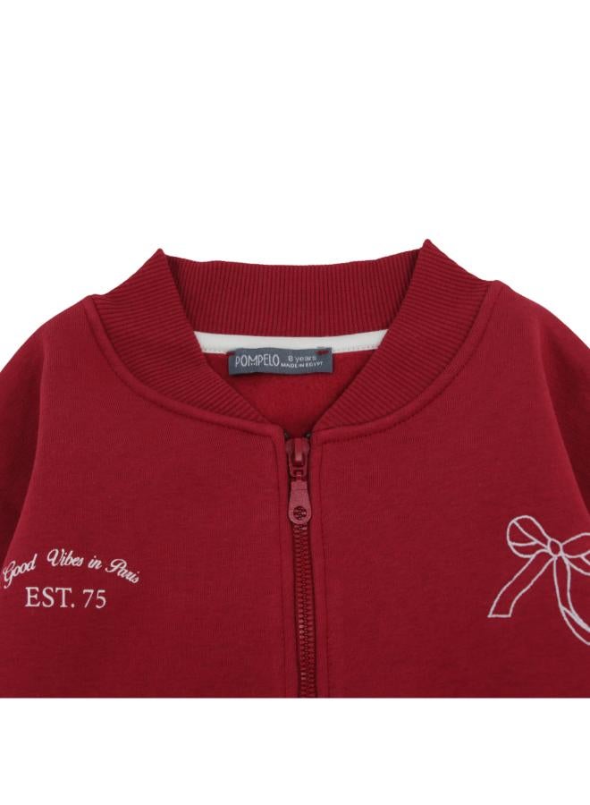 Pompelo Girls Cotton Jacket – Maroon with White Sleeves & Bow Print - Image 3