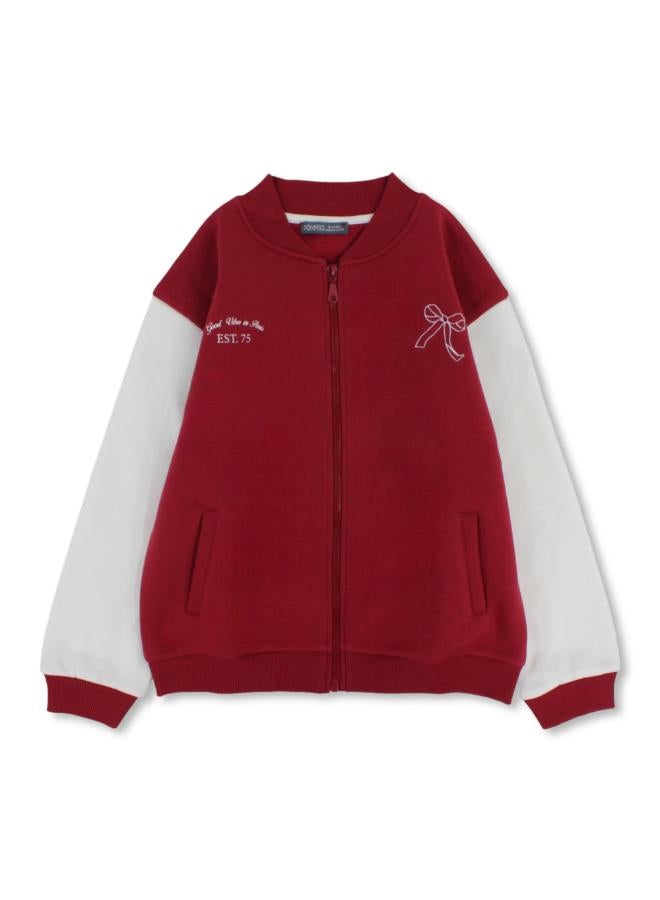 Pompelo Girls Cotton Jacket – Maroon with White Sleeves & Bow Print - Image 1