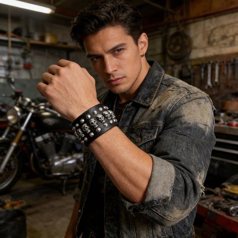 STWTR Black metal rivets studs punk rock biker wide belt leather bracelet guard wrist strap skull - Image 4
