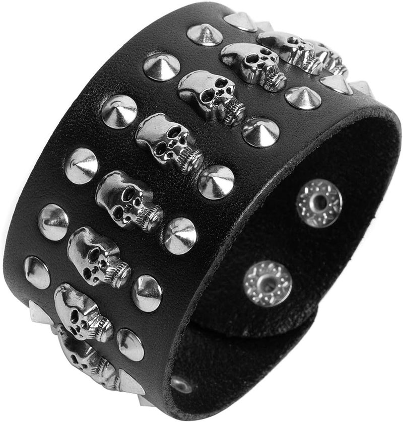 STWTR Black metal rivets studs punk rock biker wide belt leather bracelet guard wrist strap skull - Image 1