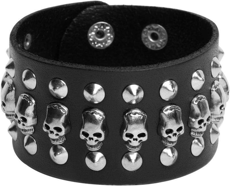 STWTR Black metal rivets studs punk rock biker wide belt leather bracelet guard wrist strap skull - Image 2
