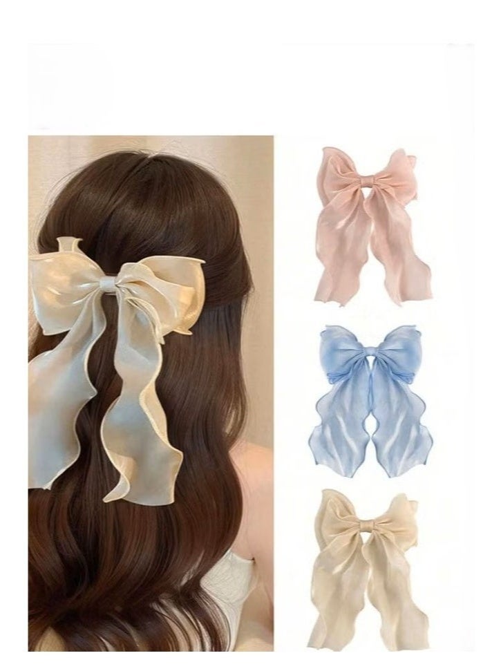 Generic 3-Piece Gauze Cute and Beautiful Bow Hair Accessories for Women Girls (Blue + Pink + Apricot)  - Image 1