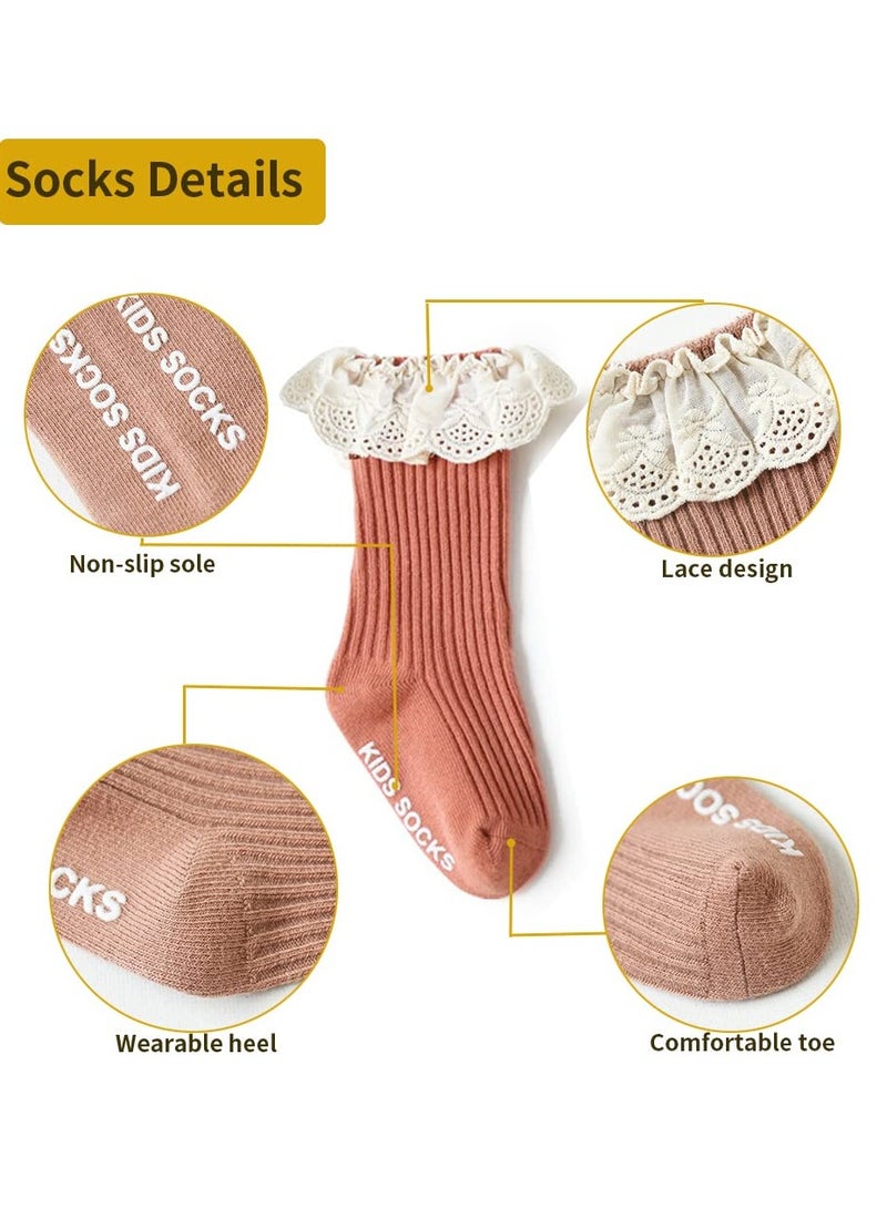 KASTWAVE Baby Girls Knee High Socks 4 Pack NewBorn Baby Girls Socks Toddler Cotton Knee High Stockings Lace Long Infant Ruffled  Princess Socks 1-3 Years old  - Image 3