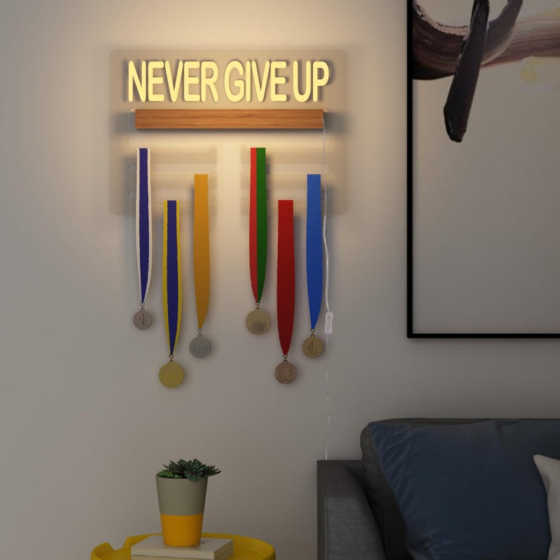 Ammonite Never GIVE UP Light up Medal Hanger Display, Holder Rack for Awards or Ribbons, Sports Themed Ribbon Holder for Wall Tiered Award Rack - Image 3