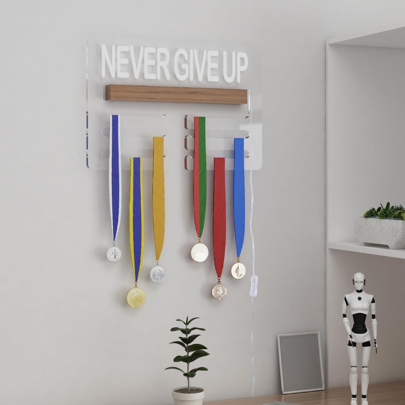 Ammonite Never GIVE UP Light up Medal Hanger Display, Holder Rack for Awards or Ribbons, Sports Themed Ribbon Holder for Wall Tiered Award Rack - Image 2