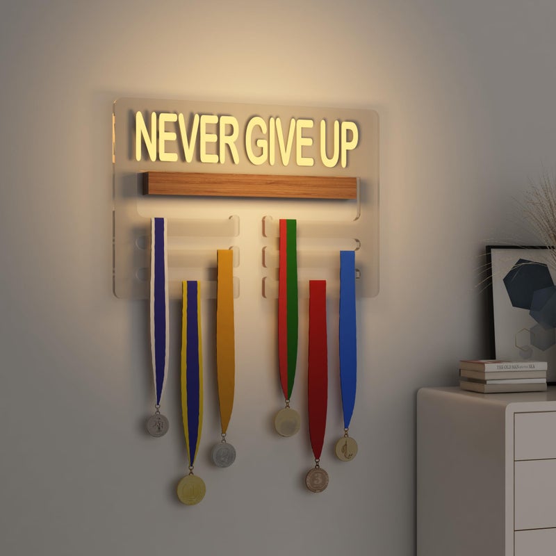 Ammonite Never GIVE UP Light up Medal Hanger Display, Holder Rack for Awards or Ribbons, Sports Themed Ribbon Holder for Wall Tiered Award Rack - Image 1