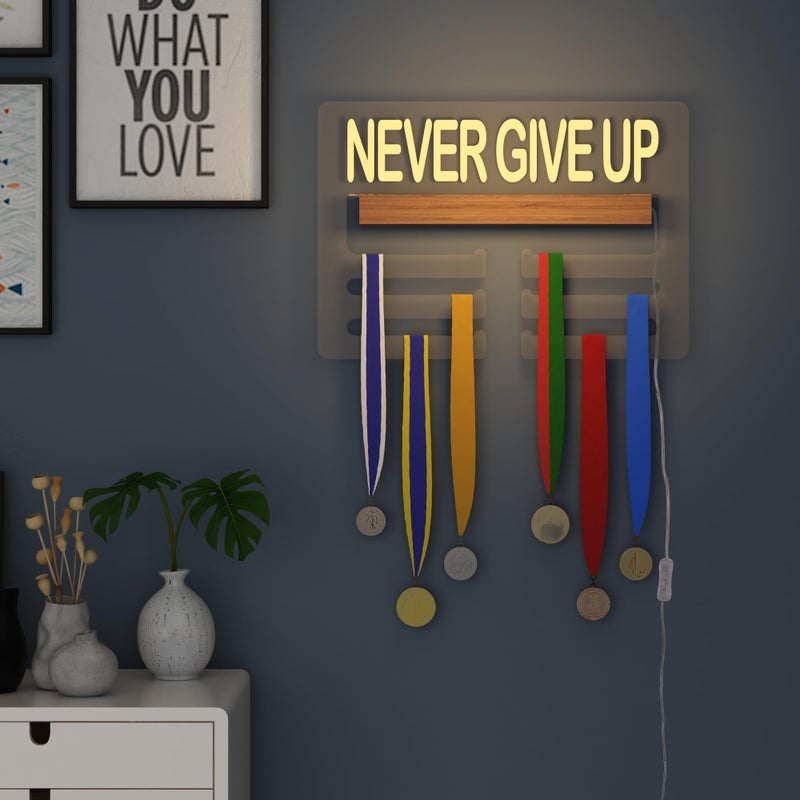 Ammonite Never GIVE UP Light up Medal Hanger Display, Holder Rack for Awards or Ribbons, Sports Themed Ribbon Holder for Wall Tiered Award Rack - Image 4