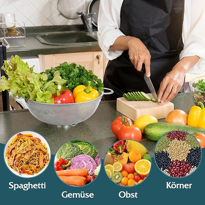 Kresal Stainless Steel Colander with Silicon Handle Grip Heavy Duty Food Strainer with Reinforced Frame Kitchen Colander and Food Strainer for Pasta Vegetable Rice Noodles Fruit - Image 4