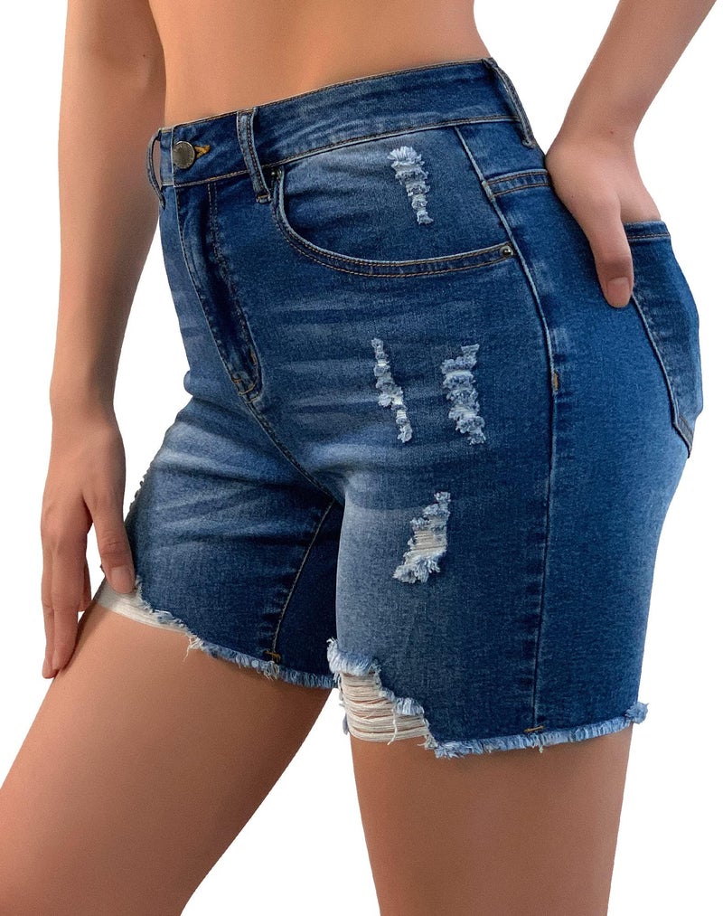 roswear Womenâ€™s Casual Summer Ripped High Waisted Denim Shorts Stretch Distressed Frayed Raw Hem Jean Shorts Blue Medium - Image 4