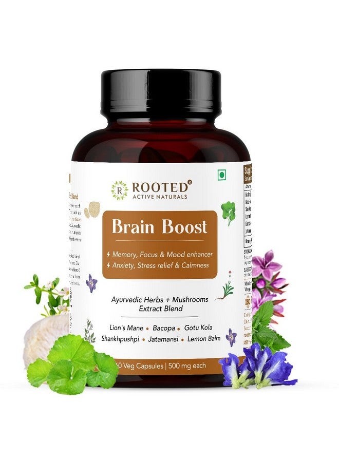 Rooted Active's Brain Booster - Brahmi Shankpushpi, Bacopa, Lions Mane Mushroom & Jatamansi, Brain Memory Booster Mind Focus Mood, Nootropics Cognitive - 60 Veg Capsules - Image 1