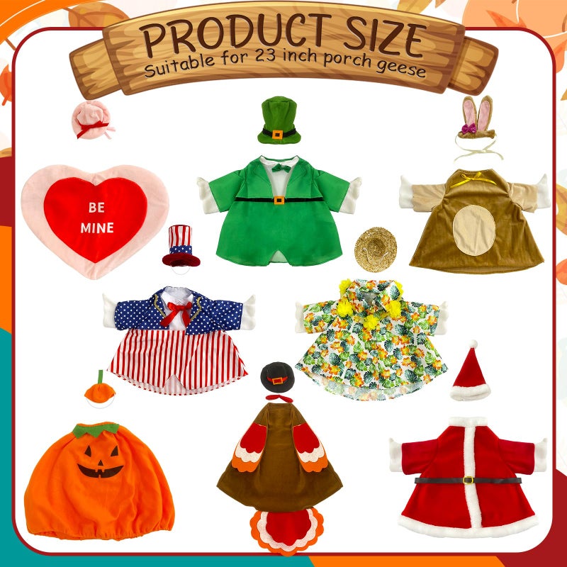 Bailiyake 8 Set Holiday Porch Goose Outfits Summer 4th of July Fall Halloween Christmas Valentine's Day St. Patrick Easter All Seasons Theme Goose Costume for 23" Goose Patio Yard Decor - Image 2