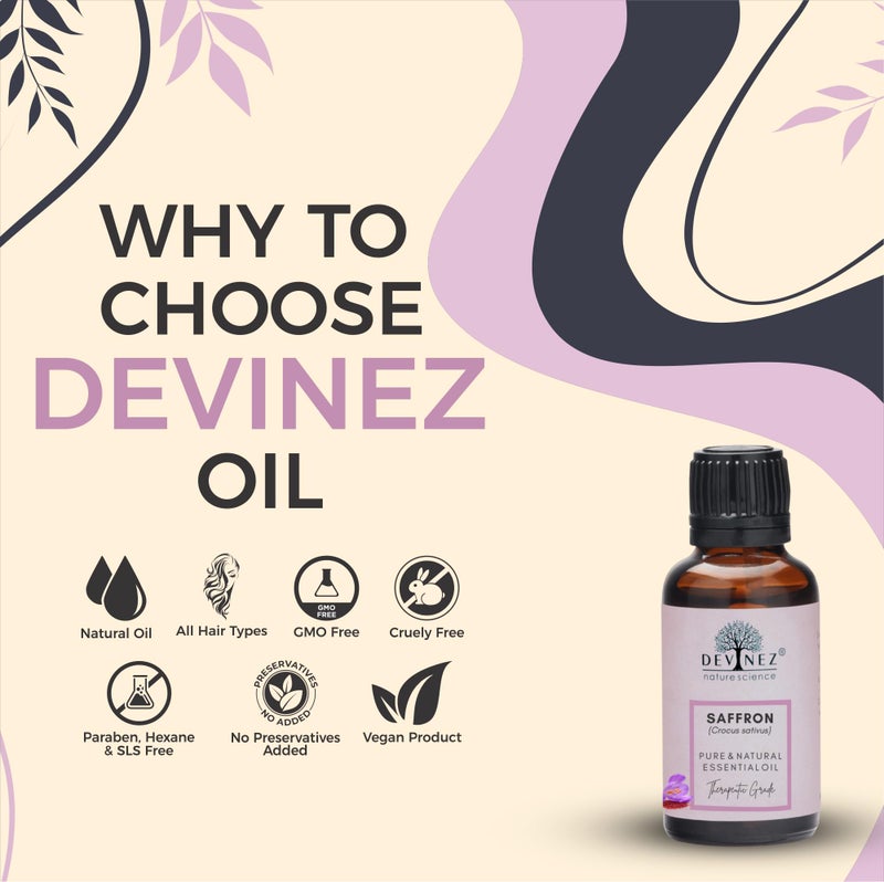 Devinez Kashmiri Saffron Essential Oil, Kesar Zafran, 15ml Pure Natural & Undiluted Therapeutic grade in Glass Bottle for skin, face & body care, relieving Tension, radiant glow, acne, dark spots, pigmentation, blemishes care - Image 2