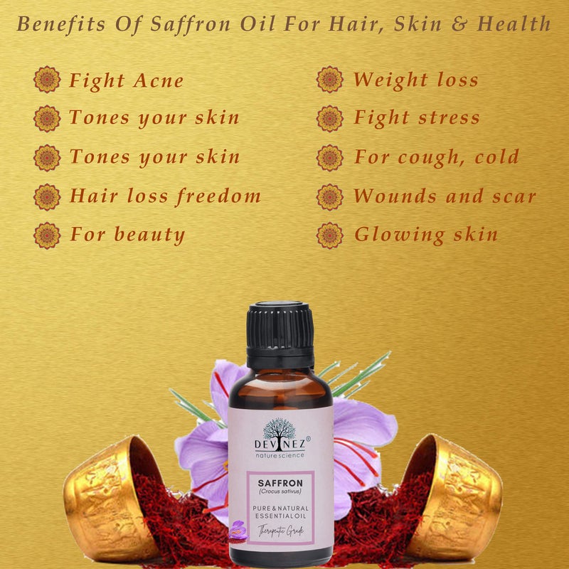 Devinez Kashmiri Saffron Essential Oil, Kesar Zafran, 15ml Pure Natural & Undiluted Therapeutic grade in Glass Bottle for skin, face & body care, relieving Tension, radiant glow, acne, dark spots, pigmentation, blemishes care - Image 4