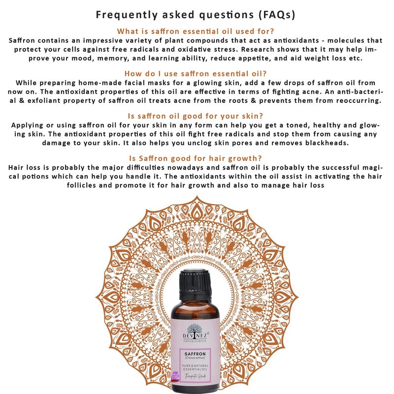 Devinez Kashmiri Saffron Essential Oil, Kesar Zafran, 15ml Pure Natural & Undiluted Therapeutic grade in Glass Bottle for skin, face & body care, relieving Tension, radiant glow, acne, dark spots, pigmentation, blemishes care - Image 5