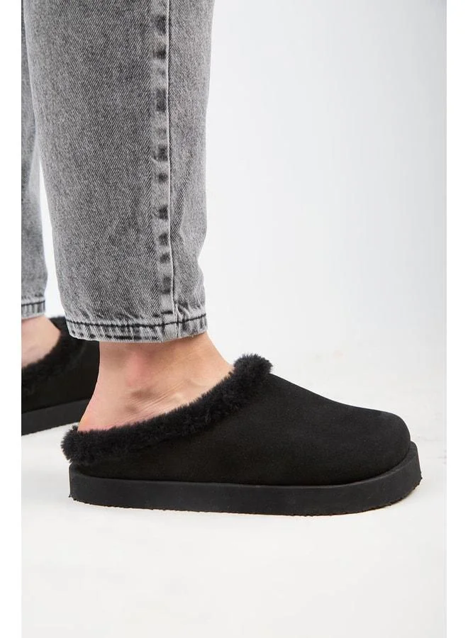 (Jana Kürklü) Women's Genuine Leather Flat Platform Black Slippers.