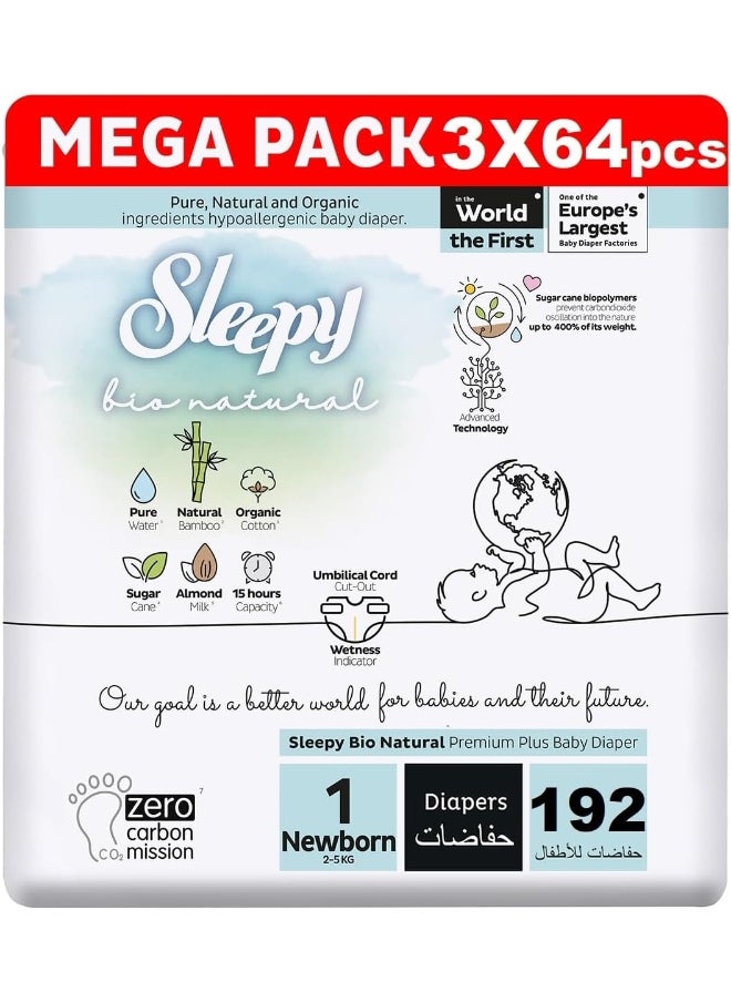 Sleepy - Pack Of 192 Baby Bio Natural Premium Size 1 Diapers, 3 X 64 Pieces - Image 1