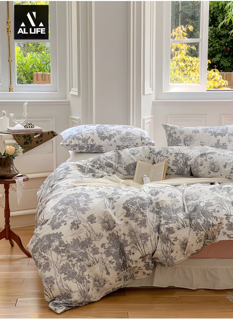 AI LIFE Premium King Size 6 Pieces Bedding Set Without Filler Floral Pattern Design White And Grey