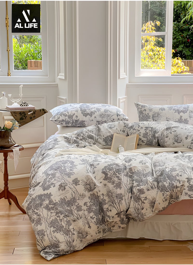 AI LIFE Premium King Size 6 Pieces Bedding Set Without Filler Floral Pattern Design White And Grey