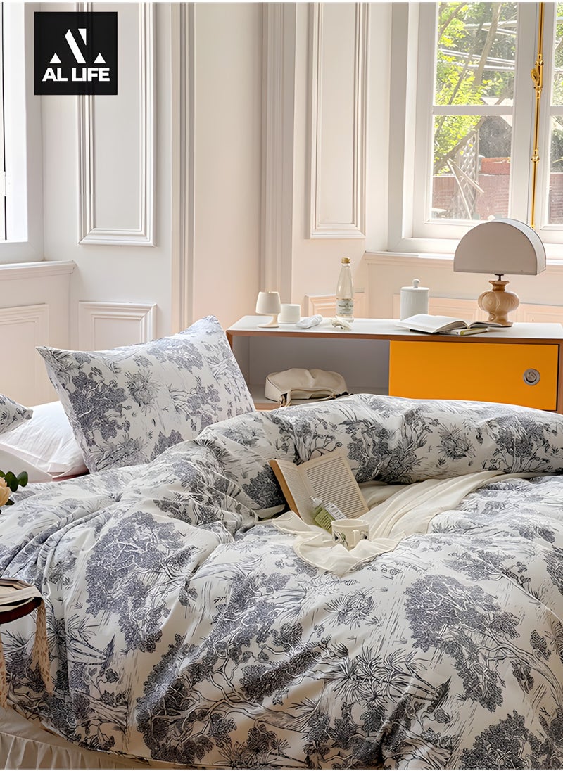 AI LIFE Premium King Size 6 Pieces Bedding Set Without Filler Floral Pattern Design White And Grey
