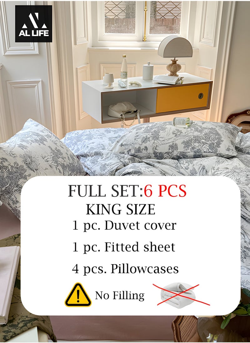 AI LIFE Premium King Size 6 Pieces Bedding Set Without Filler Floral Pattern Design White And Grey