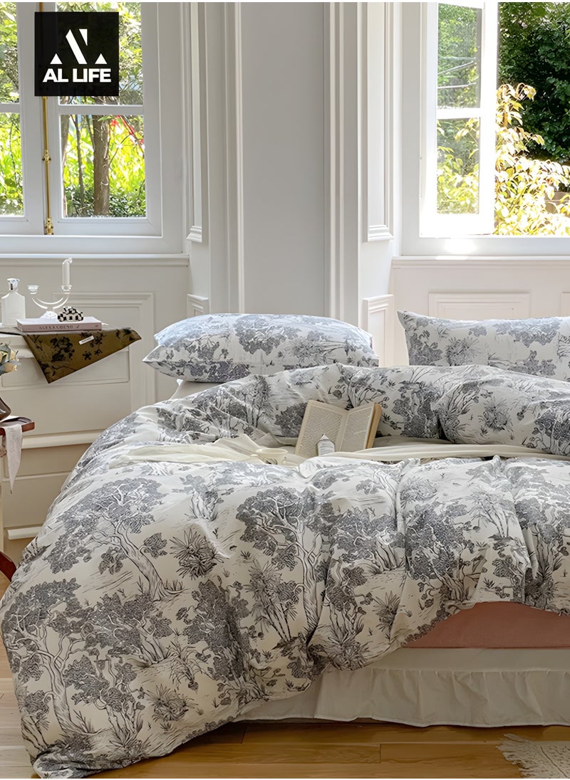 AI LIFE Premium King Size 6 Pieces Bedding Set Without Filler Floral Pattern Design White And Grey