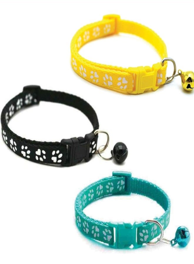 Litvibes Cat Collars Set of 3 with Bell,Kitten & Small Soft Adjustable Collar Safe,Solid Breakaway for Cats & Puppies,Cute Kitty Neckband with Paw Print- (Black,Yellow,Turquoise) - Image 1