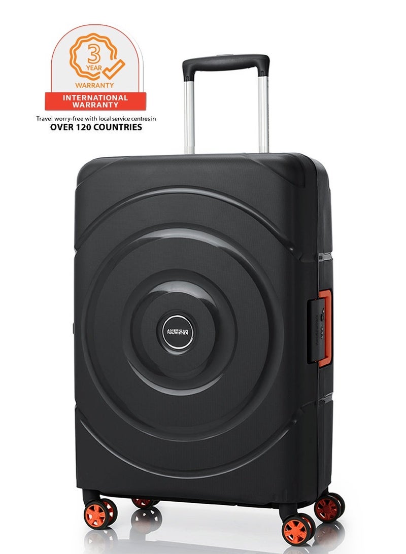 AMERICAN TOURISTER Circurity Suitcase, Check-In Size 68 cm / 25 inch, 4 Spinner Wheels, Hard Top, Polypropylene, Black|Scratch & Impact Resistant Material|Lightweight|XtraSecu™ 3 Point Locking System|TSA Lock - 3 Years International Warranty - Image 1