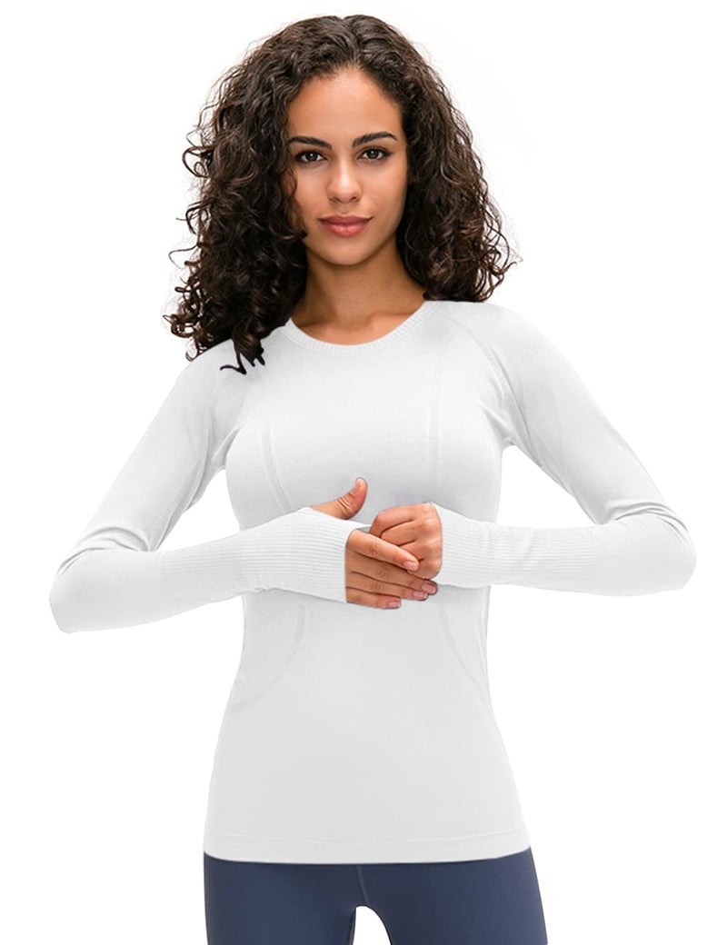 LUYAA Women's Workout Tops Long Sleeve Shirts Yoga Sports Running Seamless Breathable Gym Athletic Top Slim Fit White - Image 1
