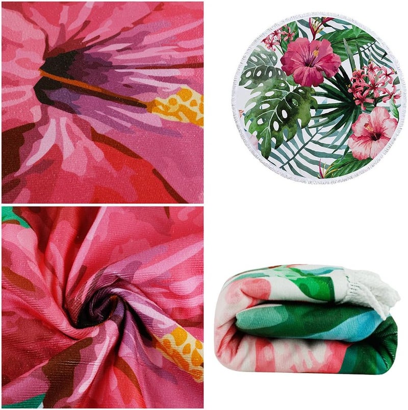 Violet Mist Mandala Tapestry Round Beach Towel Yoga Picnic Mat Roundie Tablecloth Water Absorbent Terry Towel with Tassels (Tropical Plants) - Image 4
