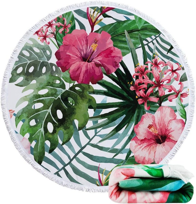 Violet Mist Mandala Tapestry Round Beach Towel Yoga Picnic Mat Roundie Tablecloth Water Absorbent Terry Towel with Tassels (Tropical Plants) - Image 2