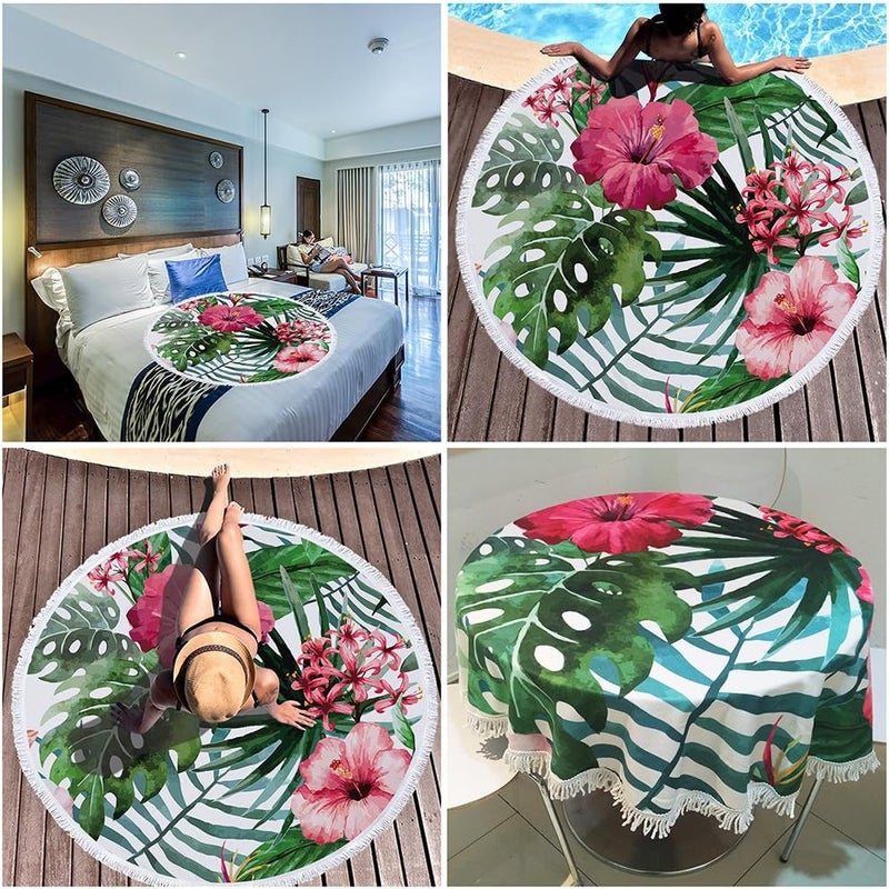 Violet Mist Mandala Tapestry Round Beach Towel Yoga Picnic Mat Roundie Tablecloth Water Absorbent Terry Towel with Tassels (Tropical Plants) - Image 3