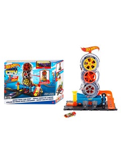 Toy Car Track Set City Super Twist Tire Shop With 1:64 Scale Car, Single Or Multi-Car Play