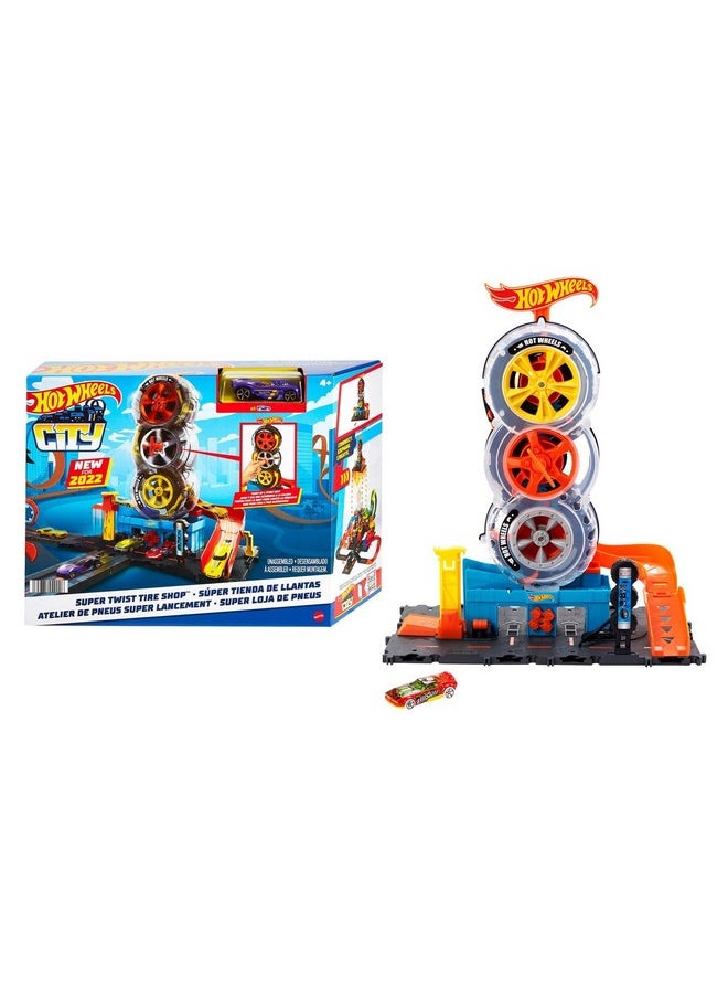 Hot Wheels - Toy Car Track Set City Super Twist Tire Shop With 1:64 Scale Car, Single Or Multi-Car Play - Image 1