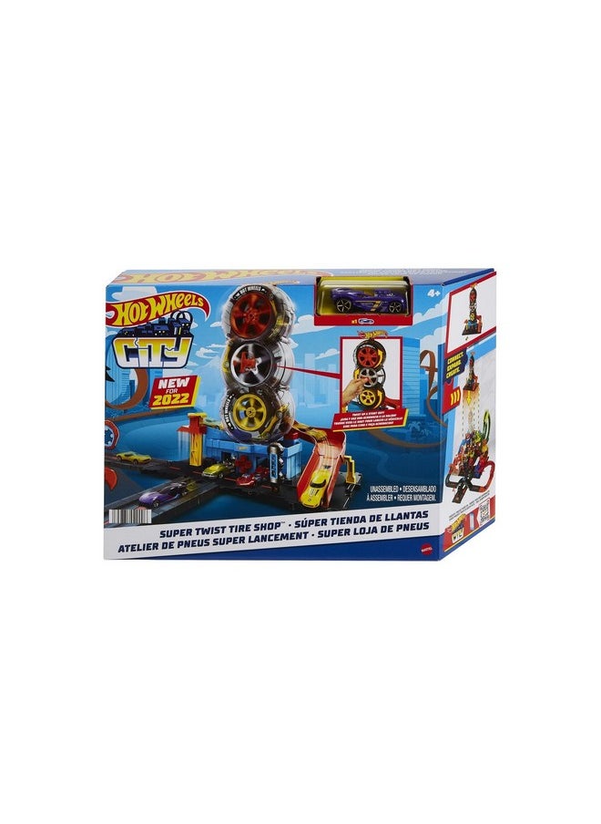 Hot Wheels - Toy Car Track Set City Super Twist Tire Shop With 1:64 Scale Car, Single Or Multi-Car Play - Image 1