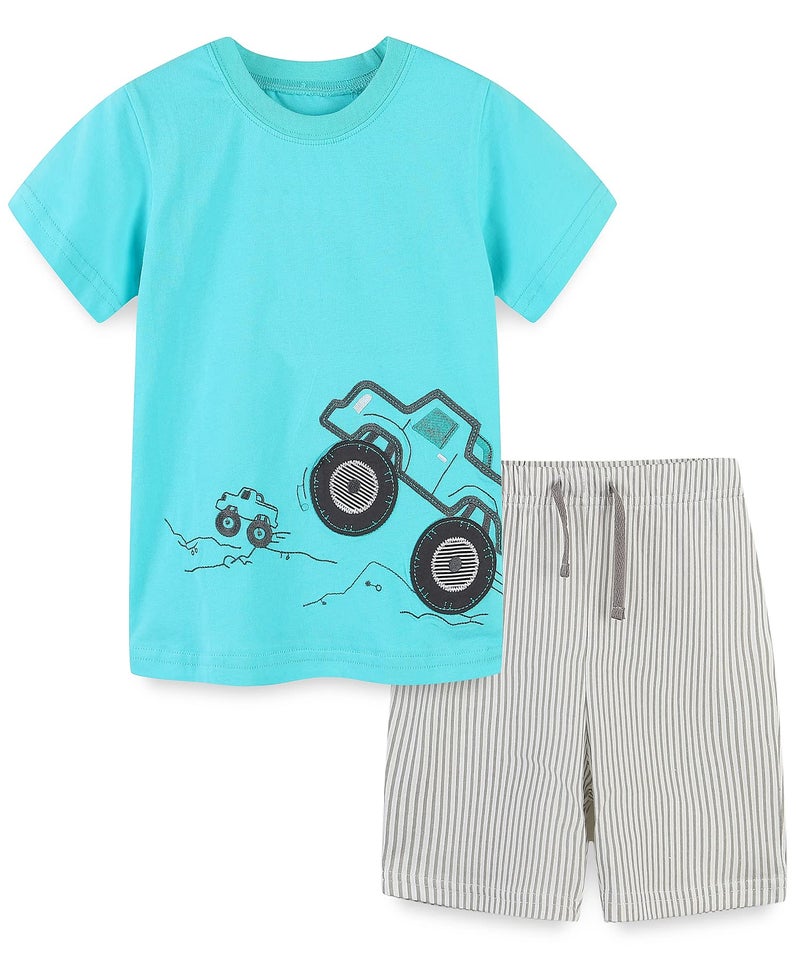 Bumeex Toddler Boy's Summer Clothes Outfits,T-shirt and Short Clothing Set Green Truck 3t - Image 1