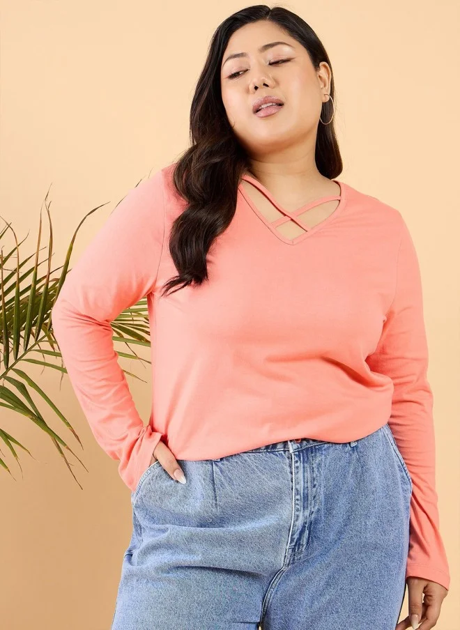 CURVY STREET Peach V-Neck Cotton T-Shirt for Women