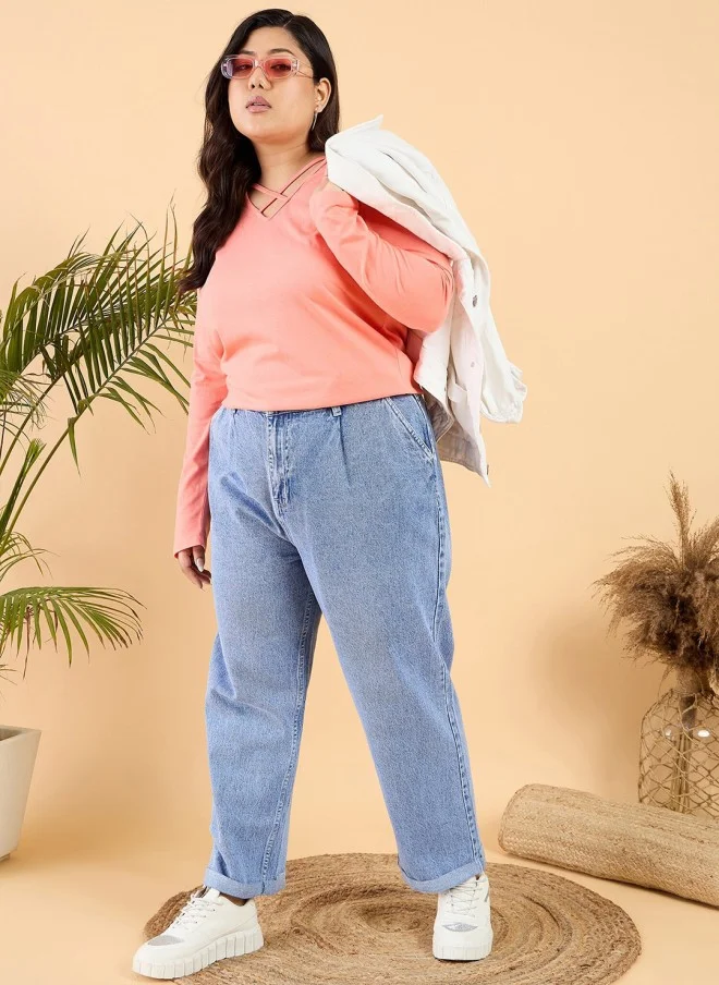 CURVY STREET Peach V-Neck Cotton T-Shirt for Women