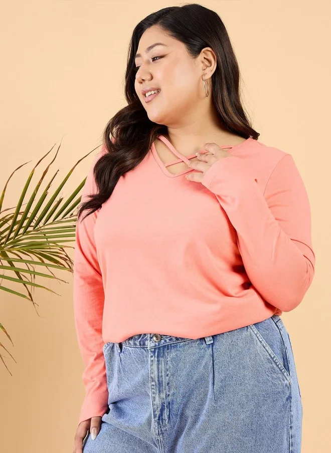 CURVY STREET Peach V-Neck Cotton T-Shirt for Women