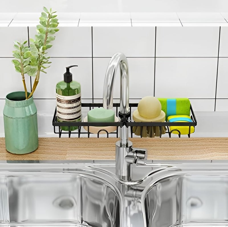 Dayish 2 Pcs Metal Faucet Sponge Storage Rack/Tap Holder Organizer/Soap Sponge Dish Hanging Shelves/Sink Caddy Drainer Shelf For Kitchen, Bathroom, Sink, Wash Basin - Black (15x10x4cm) - Image 1