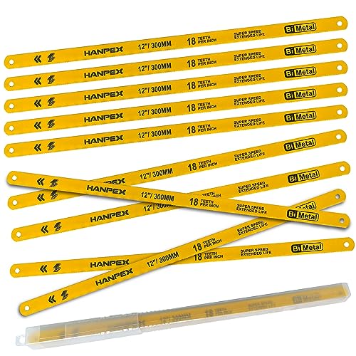 Hanpex Hacksaw Replacement Blades (10 Pack) High Speed 18 TPI - 12" Length Hack Saw Blade - Bi-Metal HSS Cutting Blades - Image 1
